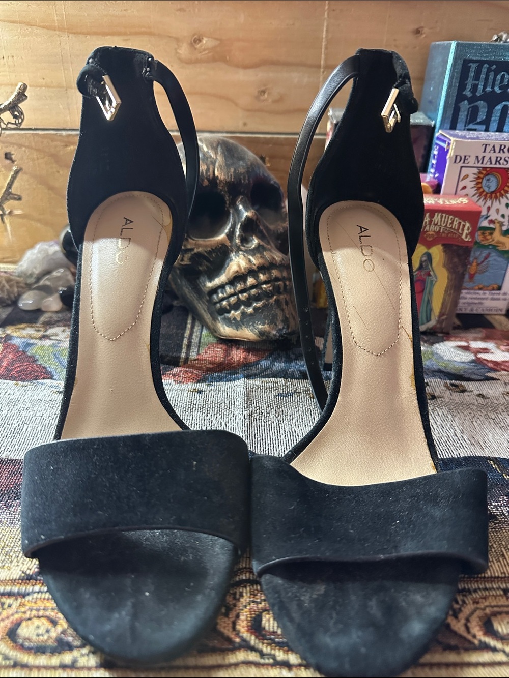 Aldo Black Suede Open-Toe Ankle-Strap Heels with Gold Buckle